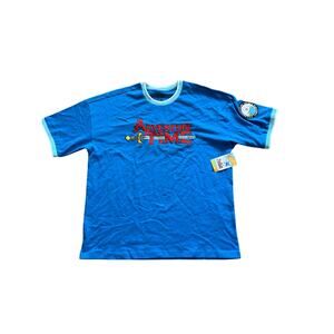 NWT Adventure Time Cartoon Network Logo Ringer T-Shirt Sz M Blue Embroidered